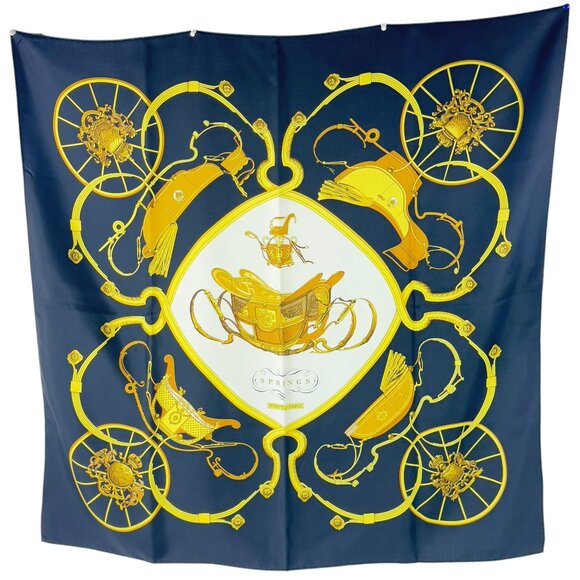HERMES Vintage Black 100% Silk Spring Phillip Ledoux Scarf Made in France 34X34